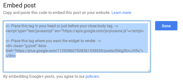 Google Plus Features Embed Post